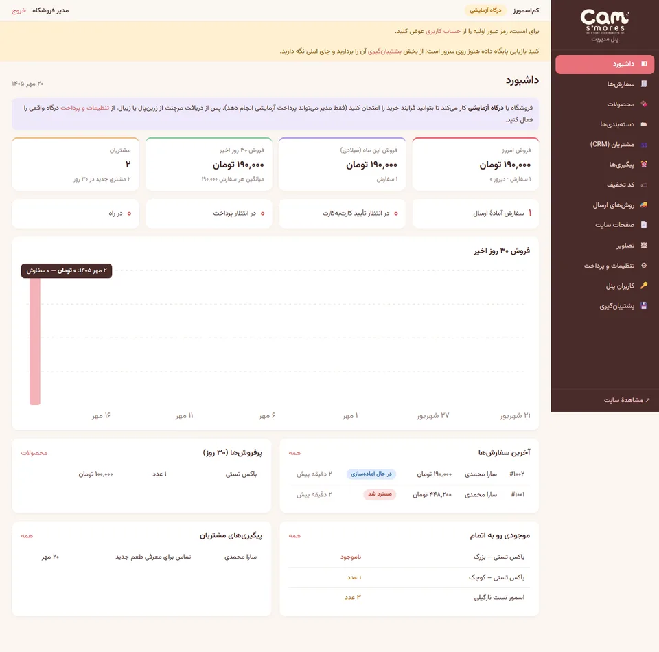 داشبورد پنل مدیریت فروشگاه