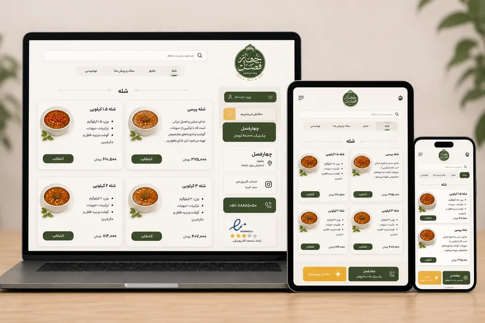 موکاپ فروشگاه شله و حلیم چهارفصل در لپ‌تاپ، تبلت و موبایل